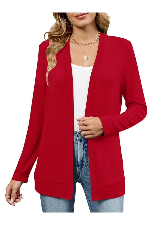 Womens Lightweight Long Sleeve Cardigan Casual Flowy Soft Open Front Knit Cardigans Sweaters, Red Size M