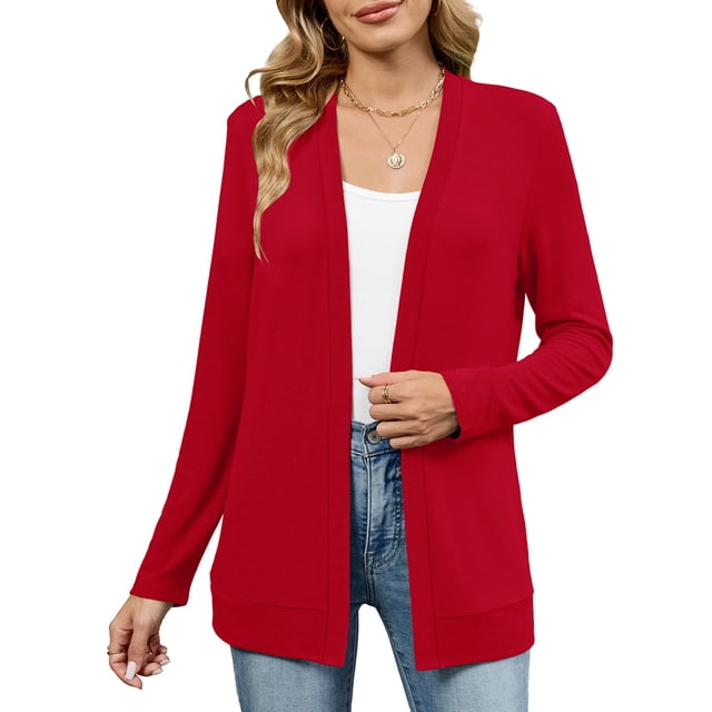 Chiclily Womens Lightweight Long Sleeve Cardigan Casual Flowy Soft Open Front Knit Cardigans Sweaters, Red Size M