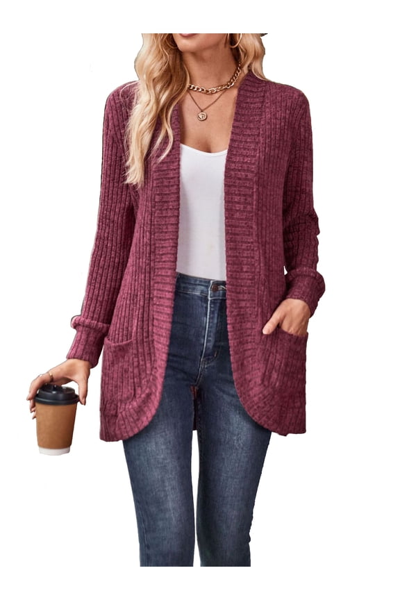 Womens Long Cardigan Lightweight Sweater Open Front Long Sleeve Knit Outfits with Pockets, Burgundy XL