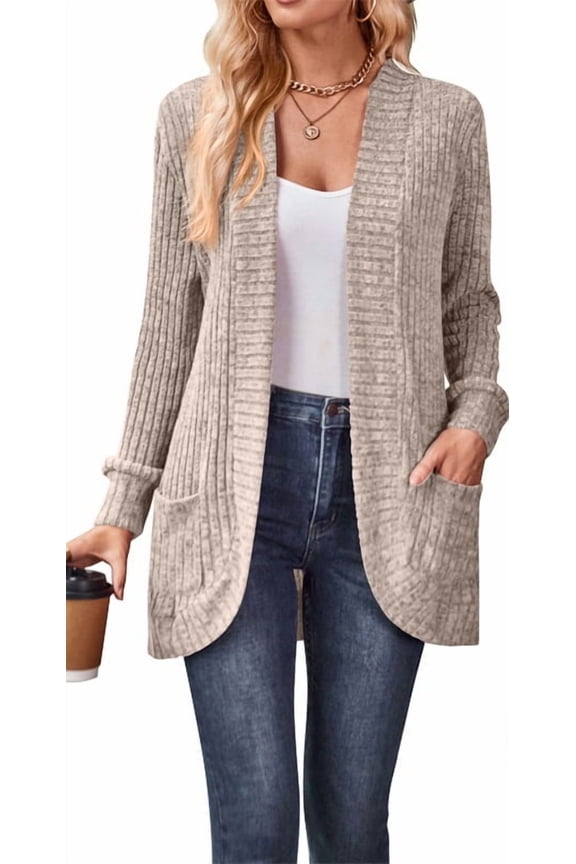 Womens Long Cardigan Lightweight Sweater Open Front Long Sleeve Knit Outfits with Pockets, Khaki L