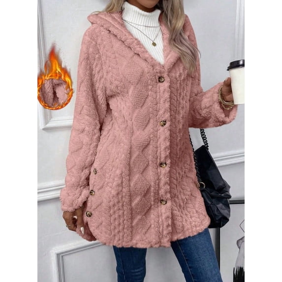Chiclily Womens Long Cardigan Winter Coats Single Breasted Long Sleeve Casual Outerwear with Hood, Pink S
