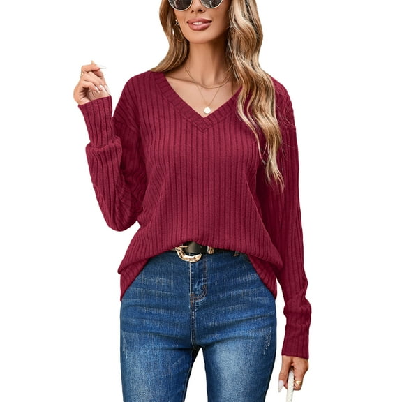 Chiclily Womens Long Sleeve Shirts Lightweight Pullover Sweaters Burgundy Large V Neck Tunics Tops