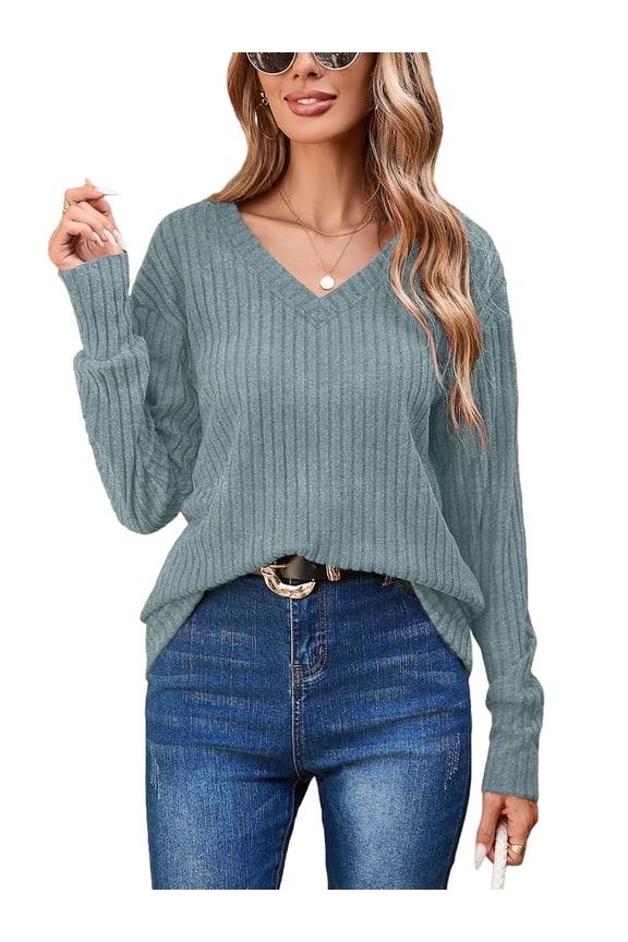 Womens Long Sleeve Shirts Lightweight Pullover Sweaters Grey Blue Medium V Neck Tunics Tops