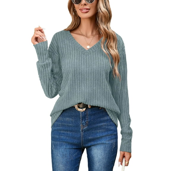 Chiclily Womens Long Sleeve Shirts Lightweight Pullover Sweaters Grey Blue XL V Neck Tunics Tops