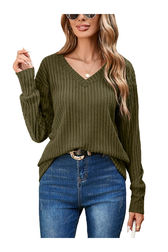 Womens Long Sleeve Shirts Lightweight Pullover Sweaters Olive Green Medium V Neck Tunics Tops