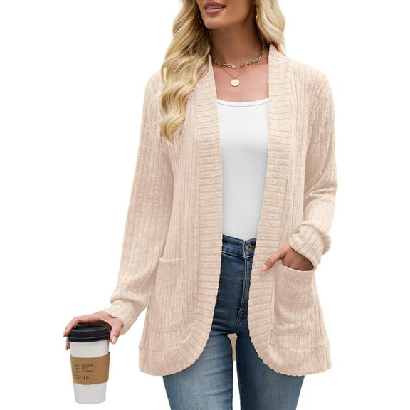 Chiclily Womens Open Front Fall Cardigan Long Sleeve Cozy Knit Sweaters with Pockets, Apricot XL