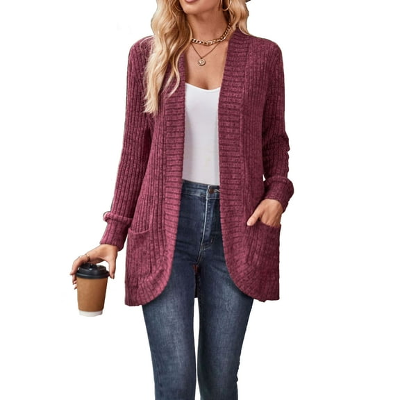 Chiclily Womens Open Front Fall Cardigan Long Sleeve Cozy Knit Sweaters with Pockets, Burgundy S