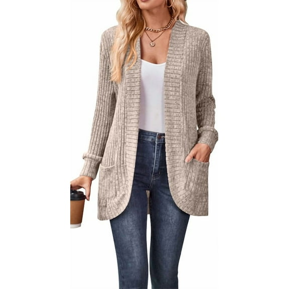 Chiclily Womens Open Front Fall Cardigan Long Sleeve Cozy Knit Sweaters with Pockets, Khaki XL