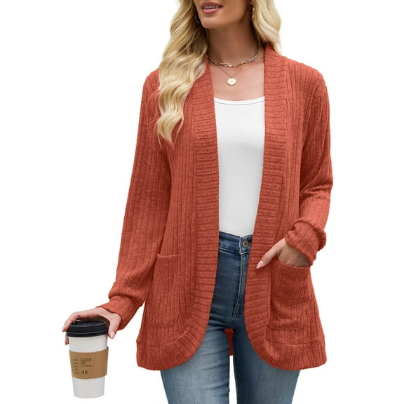 Chiclily Womens Open Front Fall Cardigan Long Sleeve Cozy Knit Sweaters with Pockets, Orange XL
