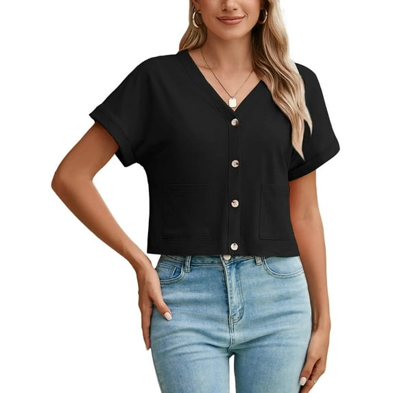 Chiclily Womens Summer Blouses Tops Black Lightweight Short Sleeve V Neck Cardigan Button-Up Shirts with Pockets, Size Small