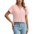 thumbnail image 1 of Chiclily Womens Summer Blouses Tops Light Pink Lightweight Short Sleeve V Neck Cardigan Button-Up Shirts with Pockets, Size Large, 1 of 7