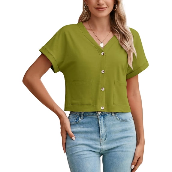 Chiclily Womens Summer Blouses Tops Olive Lightweight Short Sleeve V Neck Cardigan Button-Up Shirts with Pockets, Size Large
