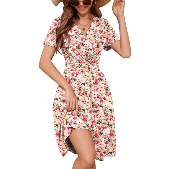 Chiclily Womens Summer Floral Boho Dress Casual Short Sleeve V-Neck Swing Midi Dress, Creamy Vintage Blossom S