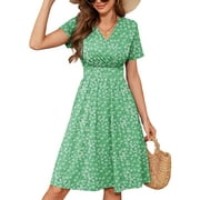 CHICLILY Womens Summer Floral Boho Dress Casual Short Sleeve V-Neck Swing Midi Dress, Maple Leaf L