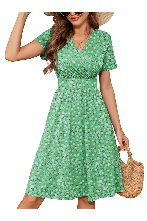 Womens Summer Floral Boho Dress Casual Short Sleeve V-Neck Swing Midi Dress, Fresh Daisy L