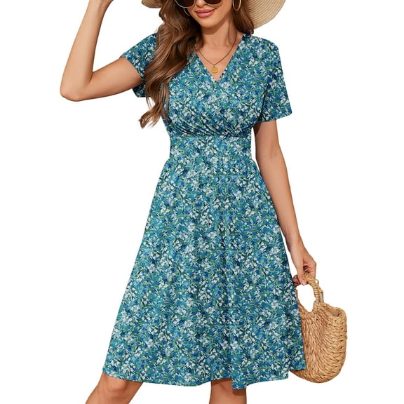 Chiclily Womens Summer Floral Boho Dress Casual Short Sleeve V-Neck Swing Midi Dress, Monet Garden M