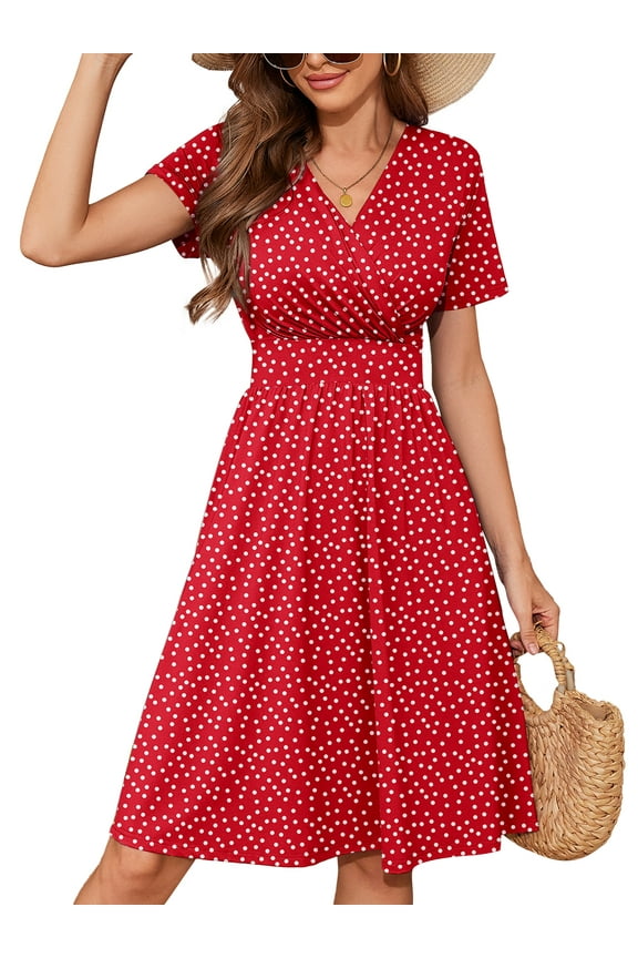 Womens Summer Floral Boho Dress Casual Short Sleeve V-Neck Swing Midi Dress, Polkadots Red 2XL