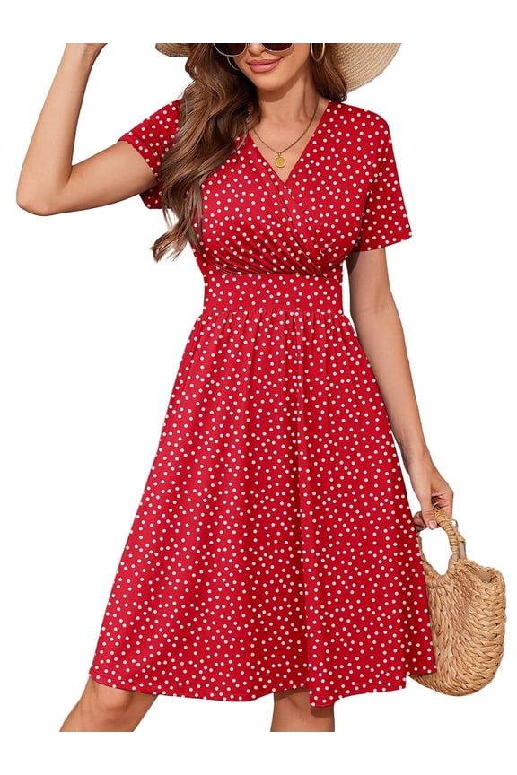 Womens Summer Floral Boho Dress Casual Short Sleeve V-Neck Swing Midi Dress, Polkadots Red M