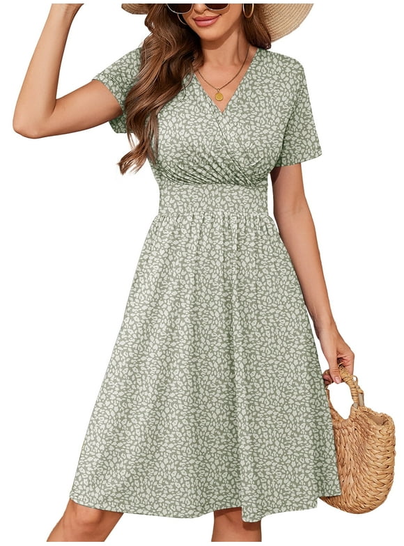 Womens Summer Floral Boho Dress Casual Short Sleeve V-Neck Swing Midi Dress, Spots 2XL