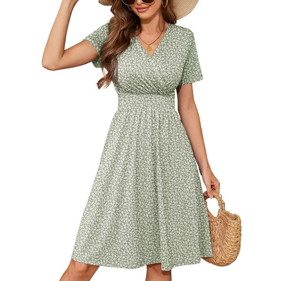Chiclily Womens Summer Floral Boho Dress Casual Short Sleeve V-Neck Swing Midi Dress, Spots S
