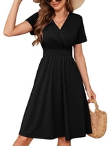 Chiclily Womens Summer Short Sleeve Casual Dresses V-Neck Boho Midi Dress with Pockets, Black L