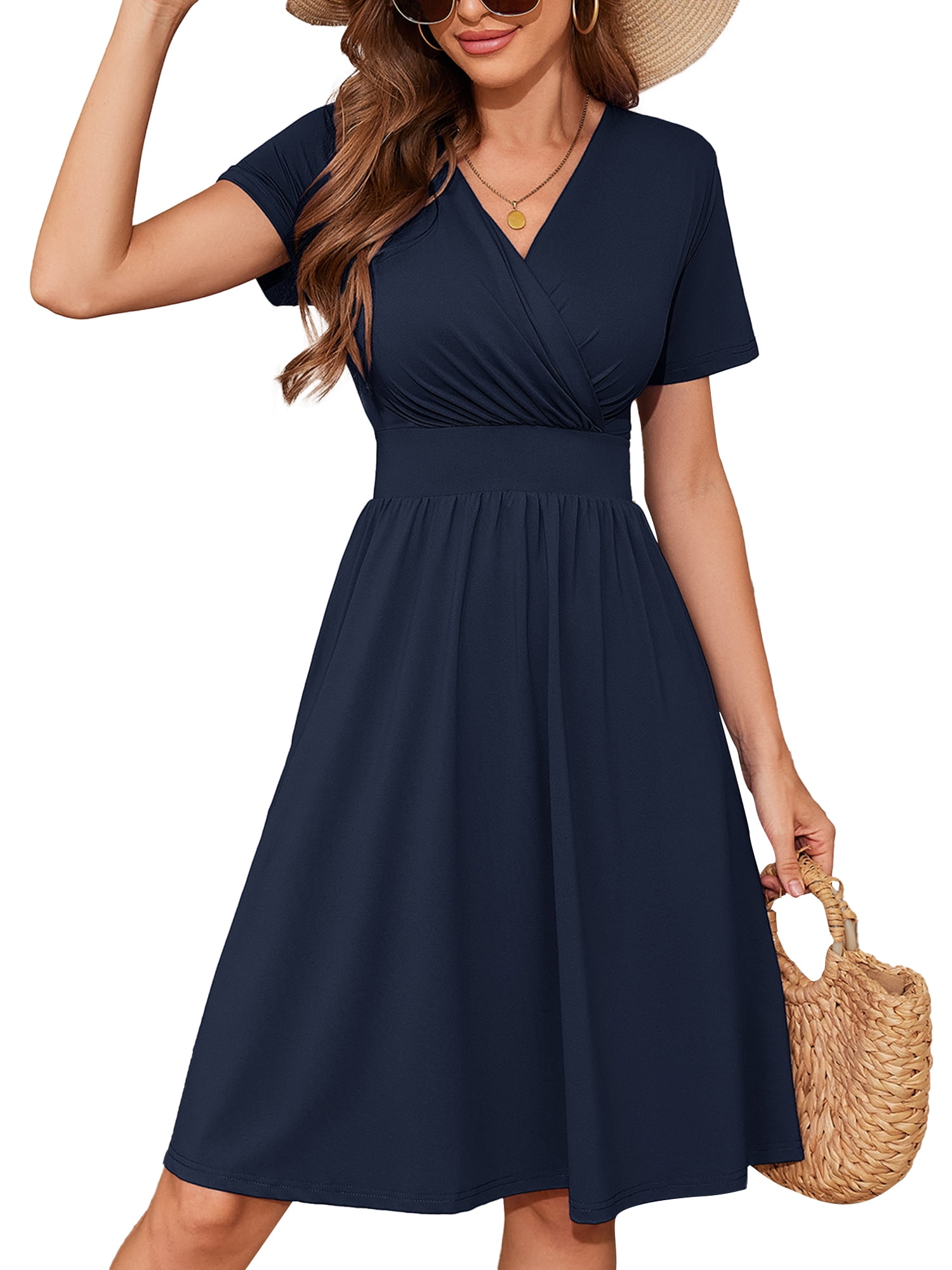 Chiclily Womens Summer Short Sleeve Casual Dresses V-Neck Boho Midi ...