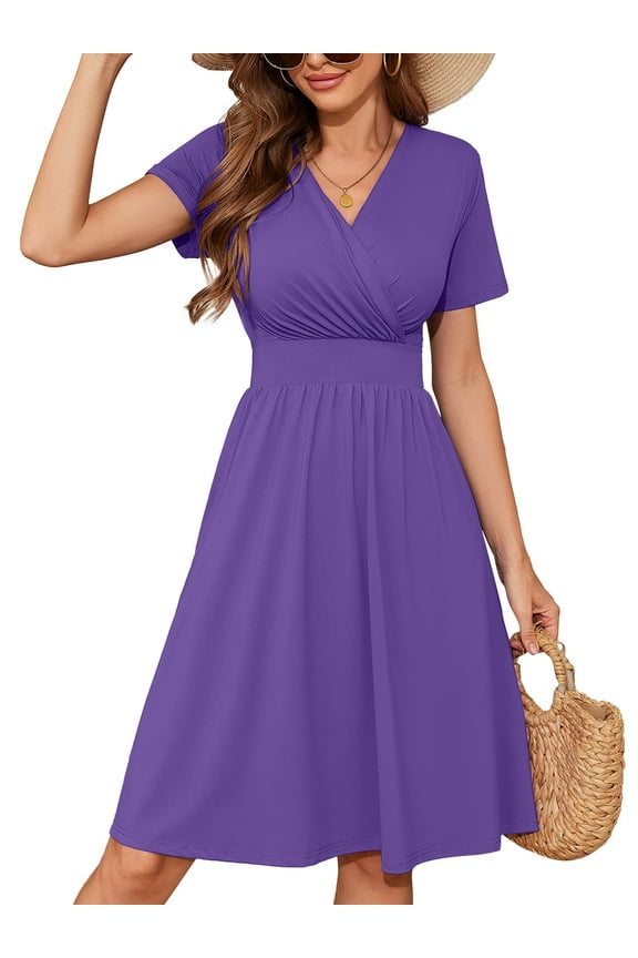 Womens Summer Short Sleeve Casual Dresses V-Neck Boho Midi Dress with Pockets, Purple M