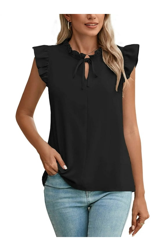Womens Summer Tops Short Sleeve V Neck Blouse Black Medium Loose Casual Drawstring Work Shirts