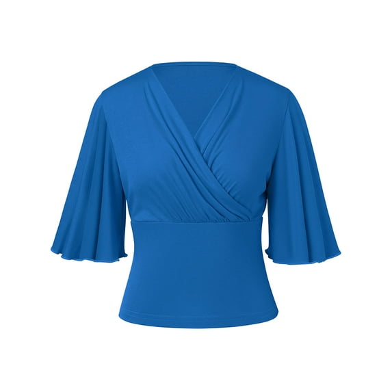 Chiclily Womens 3/4 Sleeve Wrap Blouse Klein Blue XL V Neck Dressy Casual Top Ruched T-Shirts