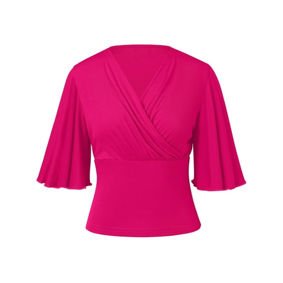 Chiclily Womens 3/4 Sleeve Wrap Blouse Rose Red 2XL V Neck Dressy Casual Top Ruched T-Shirts