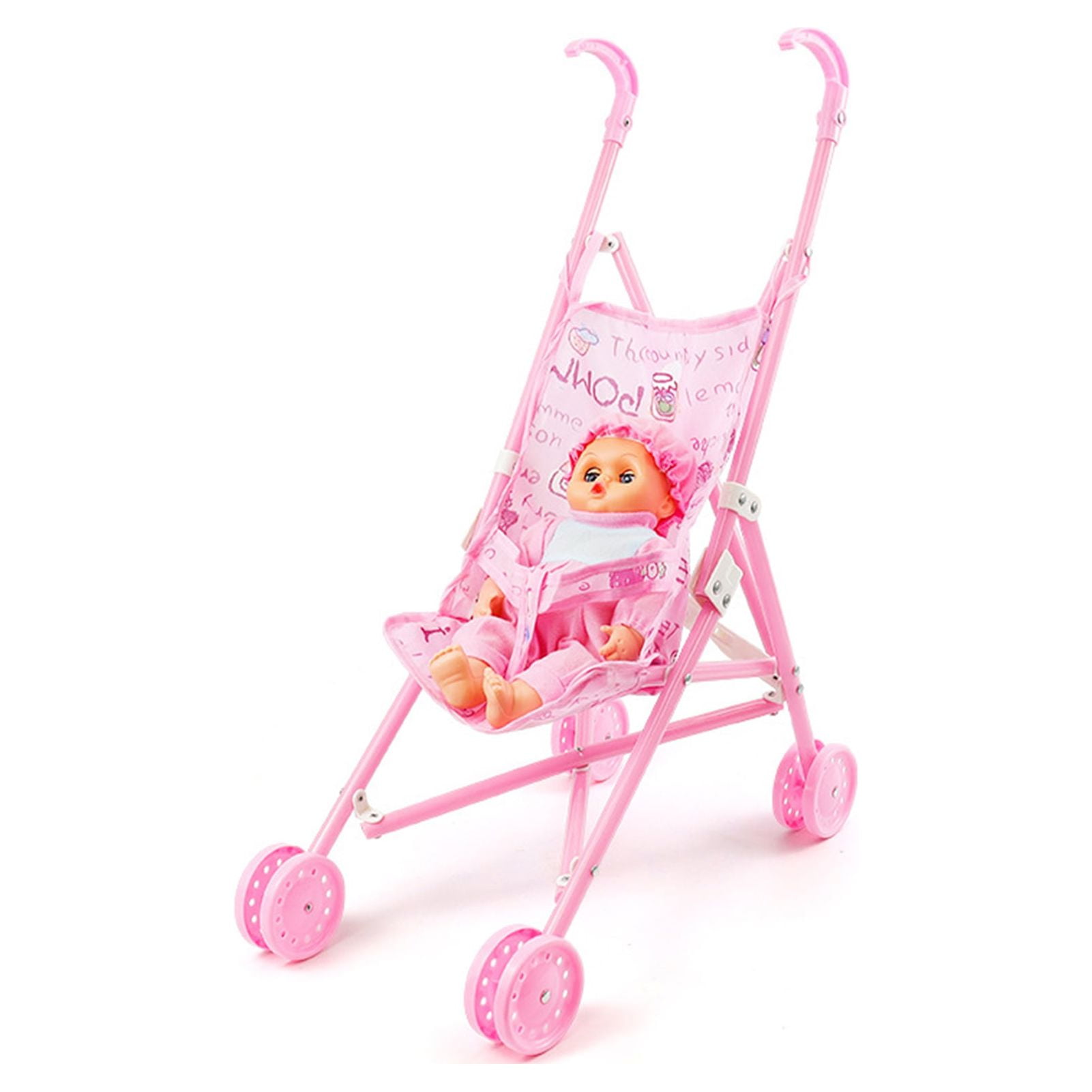 Chicmine 1 Set Doll Stroller Sturdy Easy-Fold Lightweight Creative Doll Pram Toy with Baby Doll for Girl