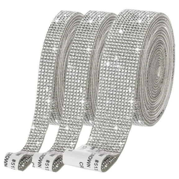 Chicmine 3 Rolls of Rhinestone Belt Sparkling Silver Rhinestone Ribbons DIY Crafts Self-adhesive Not Easy Fall Rhinestone Belt