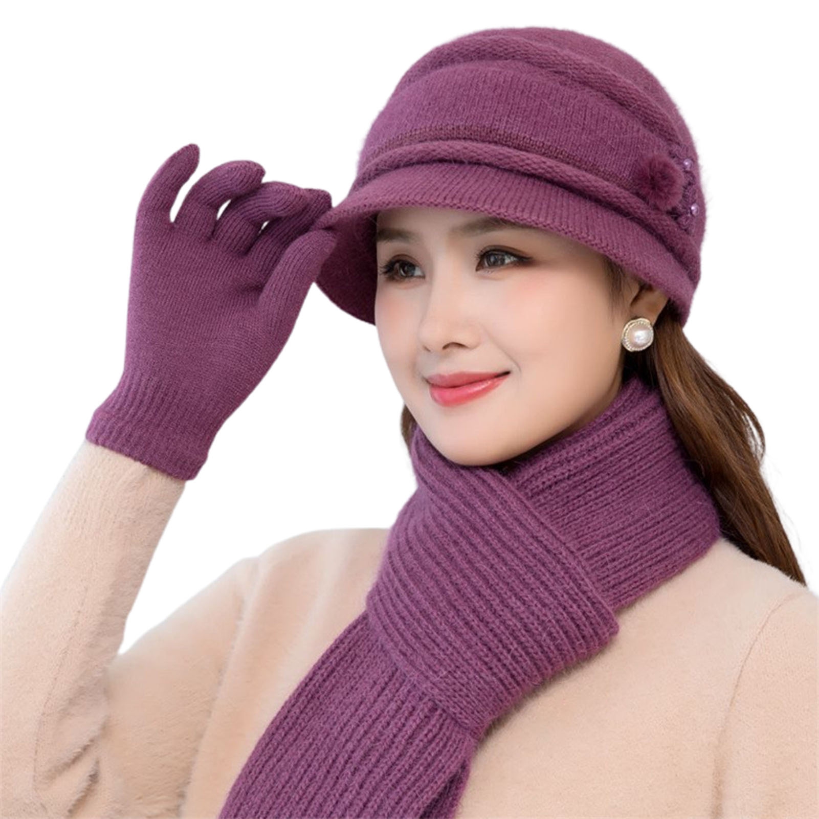 Chicmine 3Pcs/Set Women Warm Hat Scarf Gloves Winter Comfortable Thick