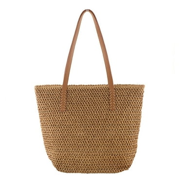 Chicmine Straw Bag Inner Pocket Hand-woven High Capacity Double Handles Daily Straw Beach Tote Bag Outdoor Accessory