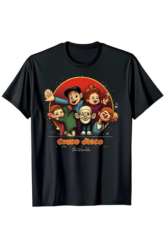 Chico Disco Black T-Shirt with Colorful Cartoon Characters in a Fun Circle Design and Red Sun