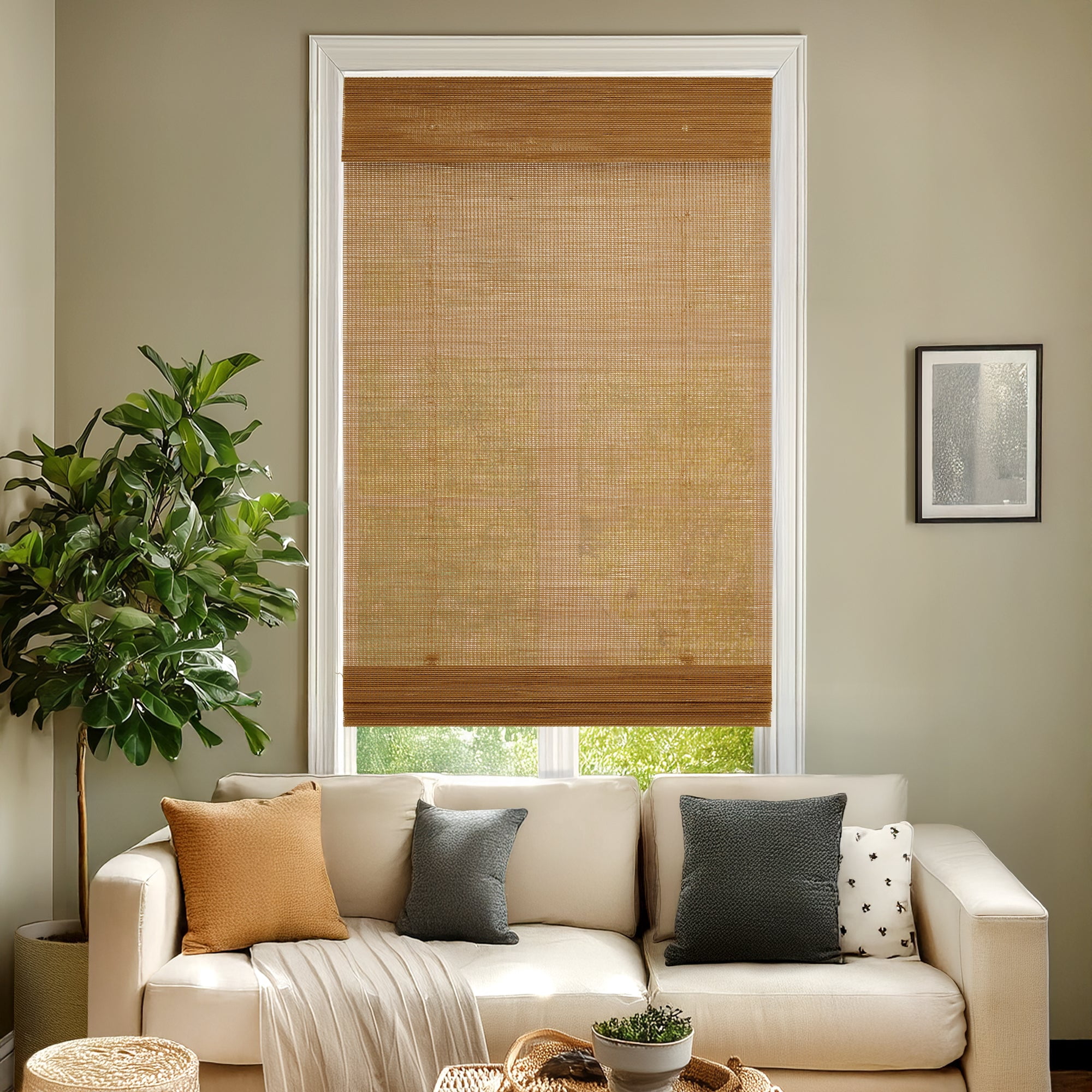 Chicology 34.5"W x 72"H Light-Filtering Cordless Mesh Bamboo Shade, Mesh Natural