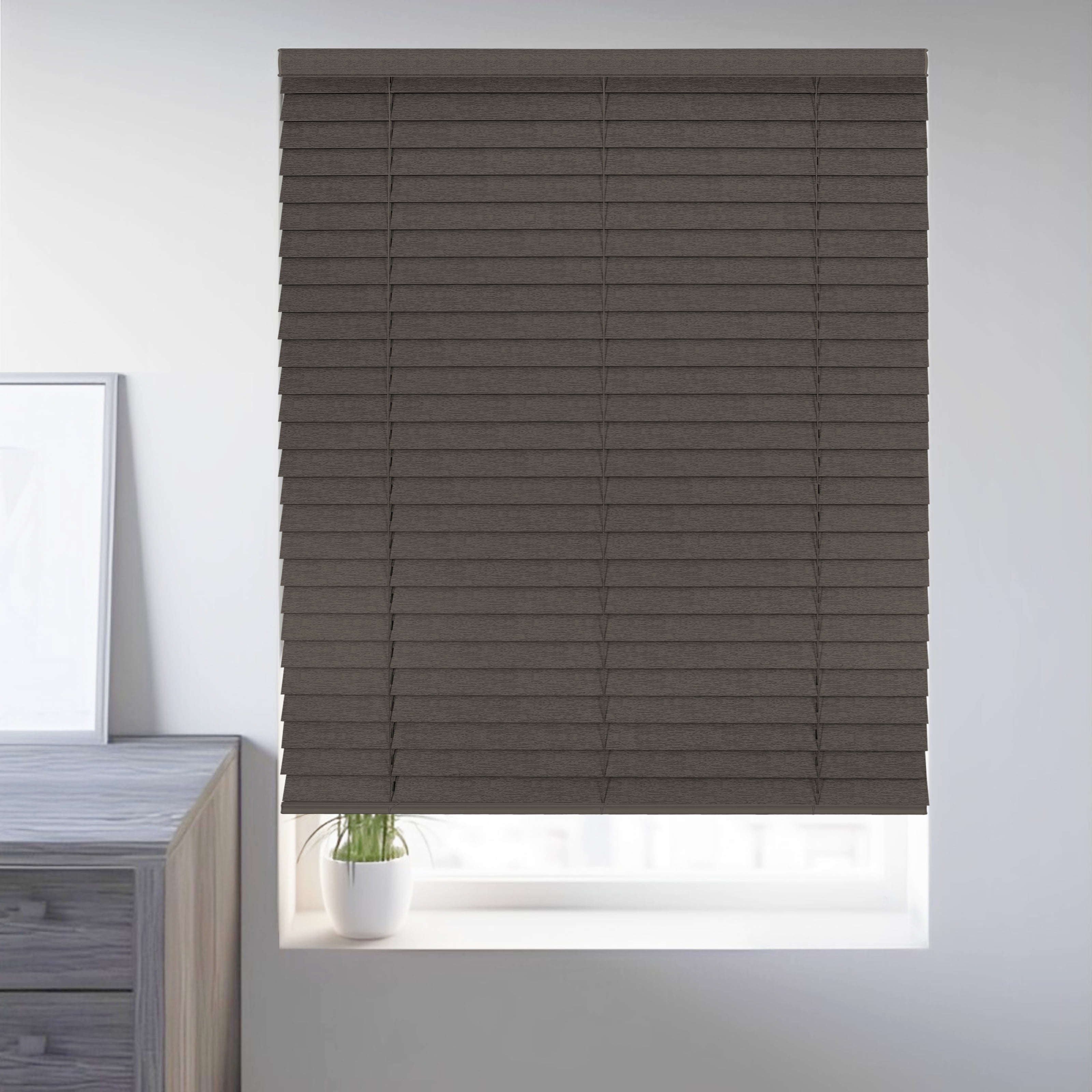 Chicology Cordless Faux Wood Blinds, Brown Textured (2" Slat), 48"W X 72"H