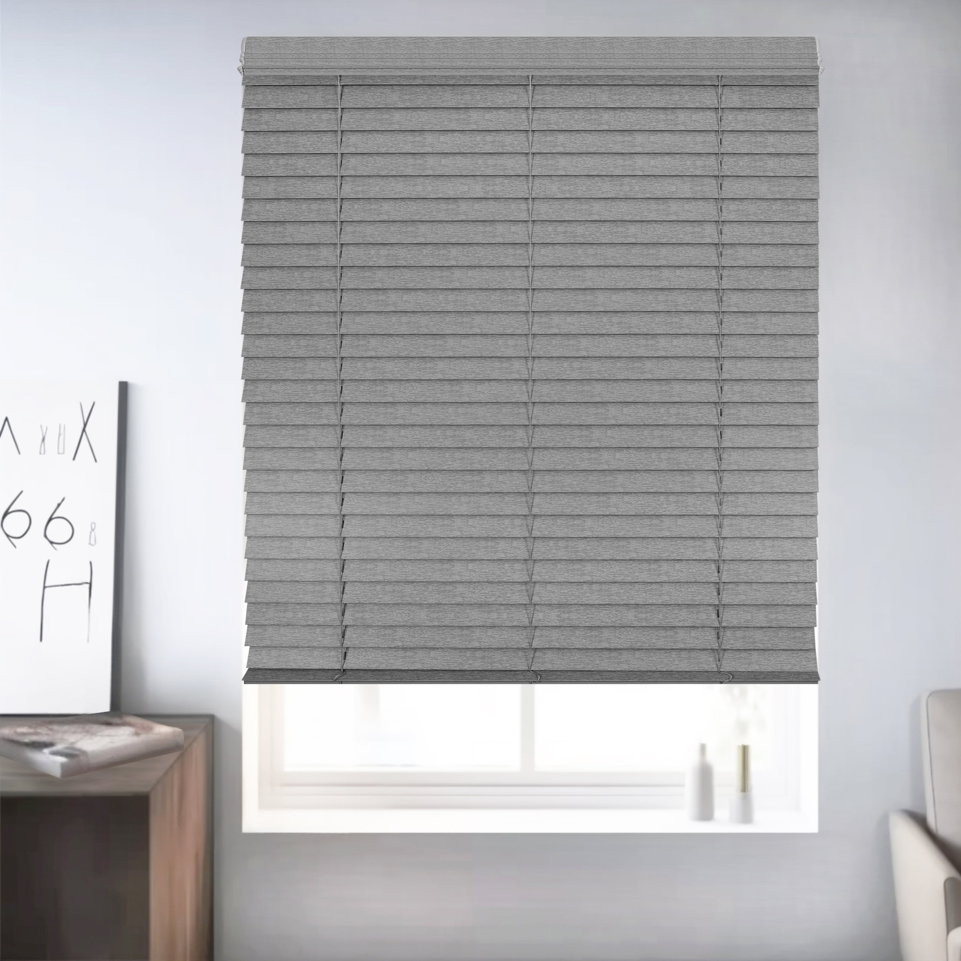 Chicology Cordless Faux Wood Blinds, Gray Textured (2.5" Slat), 49.75"W X 72"H