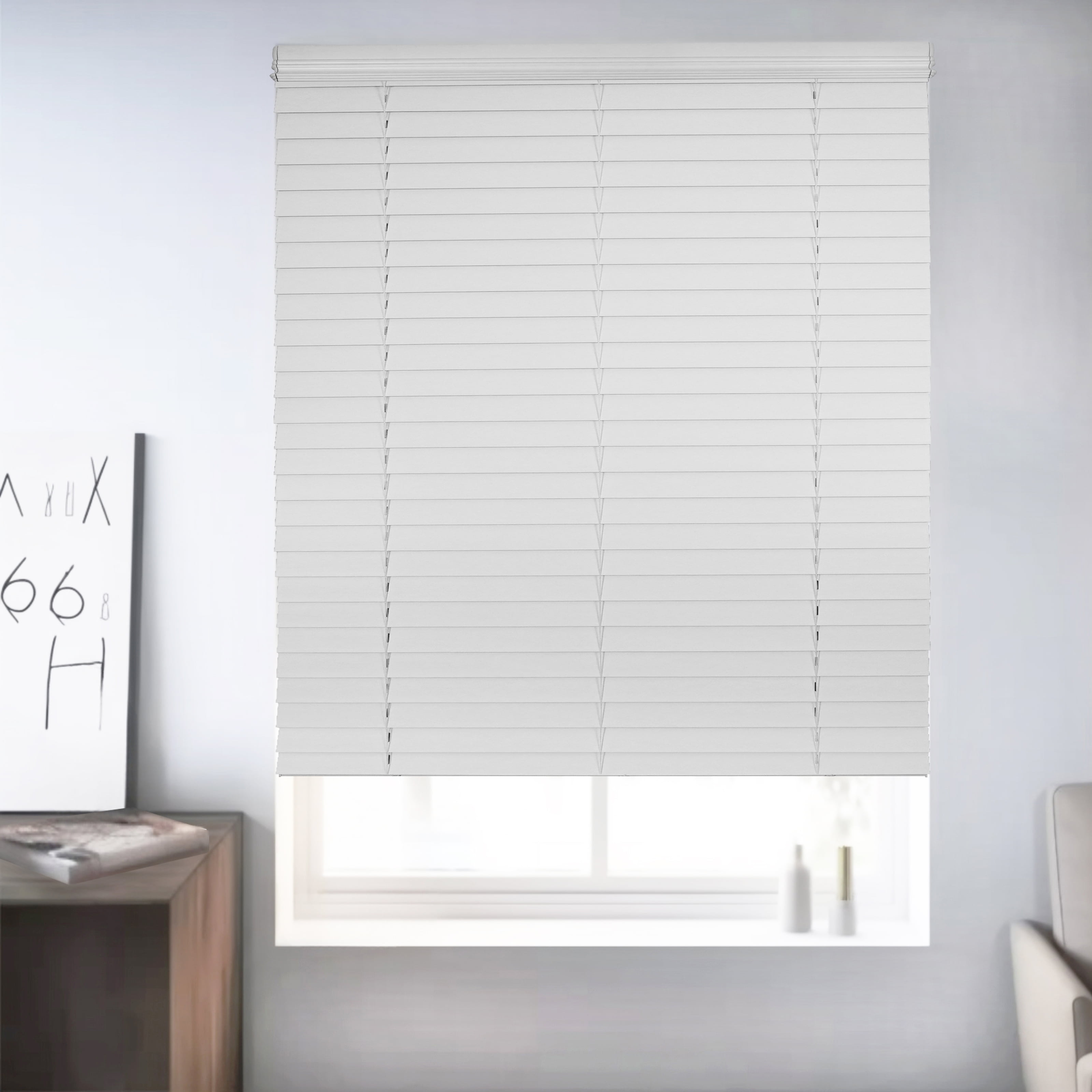 Chicology Cordless Faux Wood Blinds, White Textured (2.5" Slat), 59.75"W X 72"H