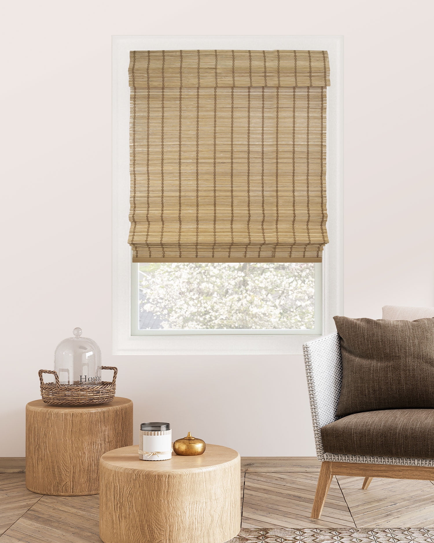 Chicology 34"W x 64"H Deer Cordless Bamboo Roman Shades, Natural Woven Wood, Light Filtering, Safe for Kids & Pets