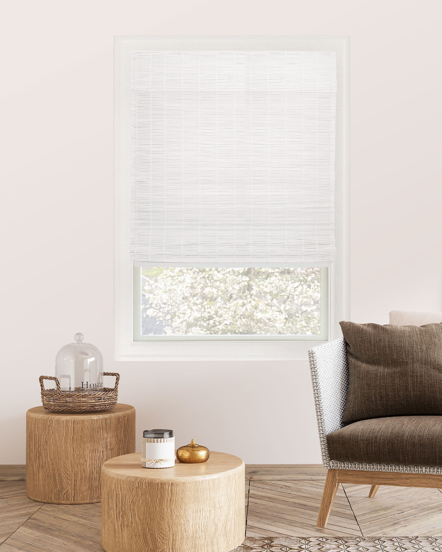 Chicology 32"W x 64"H Snow Cordless Bamboo Roman Shades, Natural Woven Wood, Light Filtering, Safe for Kids & Pets