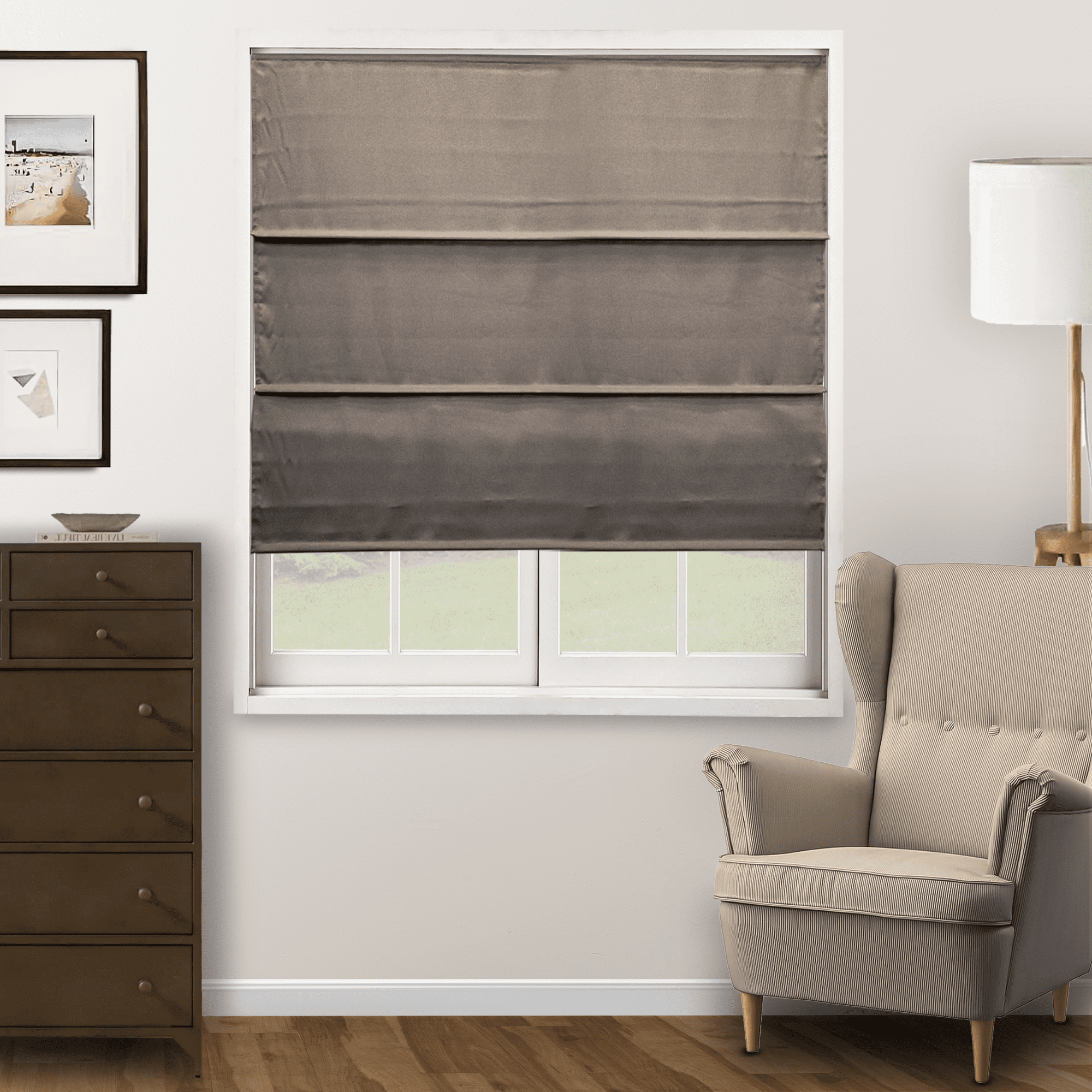 Chicology Cordless Roman Shade, Light Filtering, Ridgewood Dark Elm, 27"W X 72"H