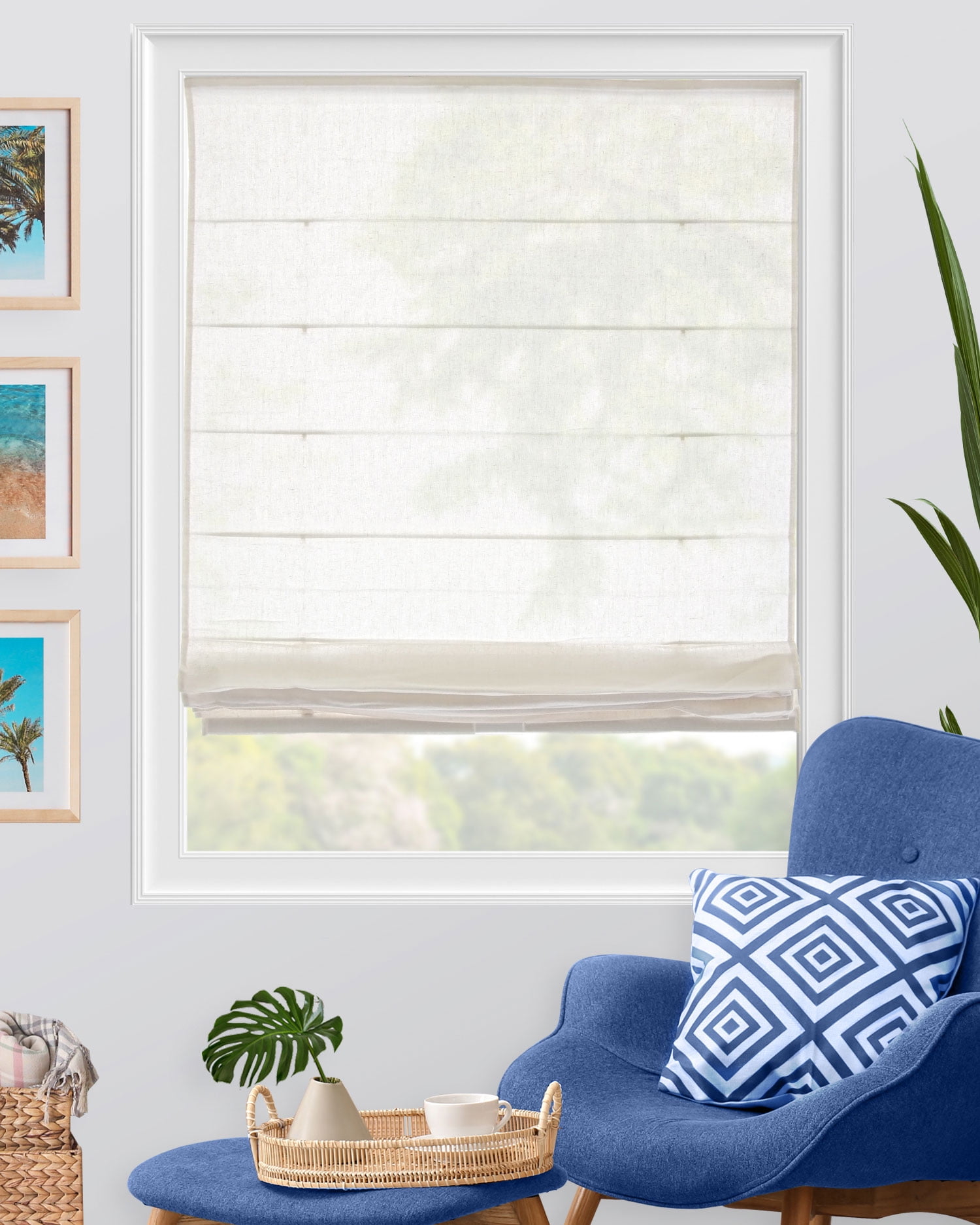 Chicology Cordless Roman Shade, Sheer, Pacific White, 23"W X 64"H