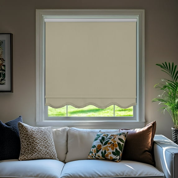 Chicology Textured Blackout Roller Shades with Fringe | Cordless Light Filtering Window Blinds |46.75"W X 64"H | Decorative Privacy Shades for Home & Office | Easy Install | Cream