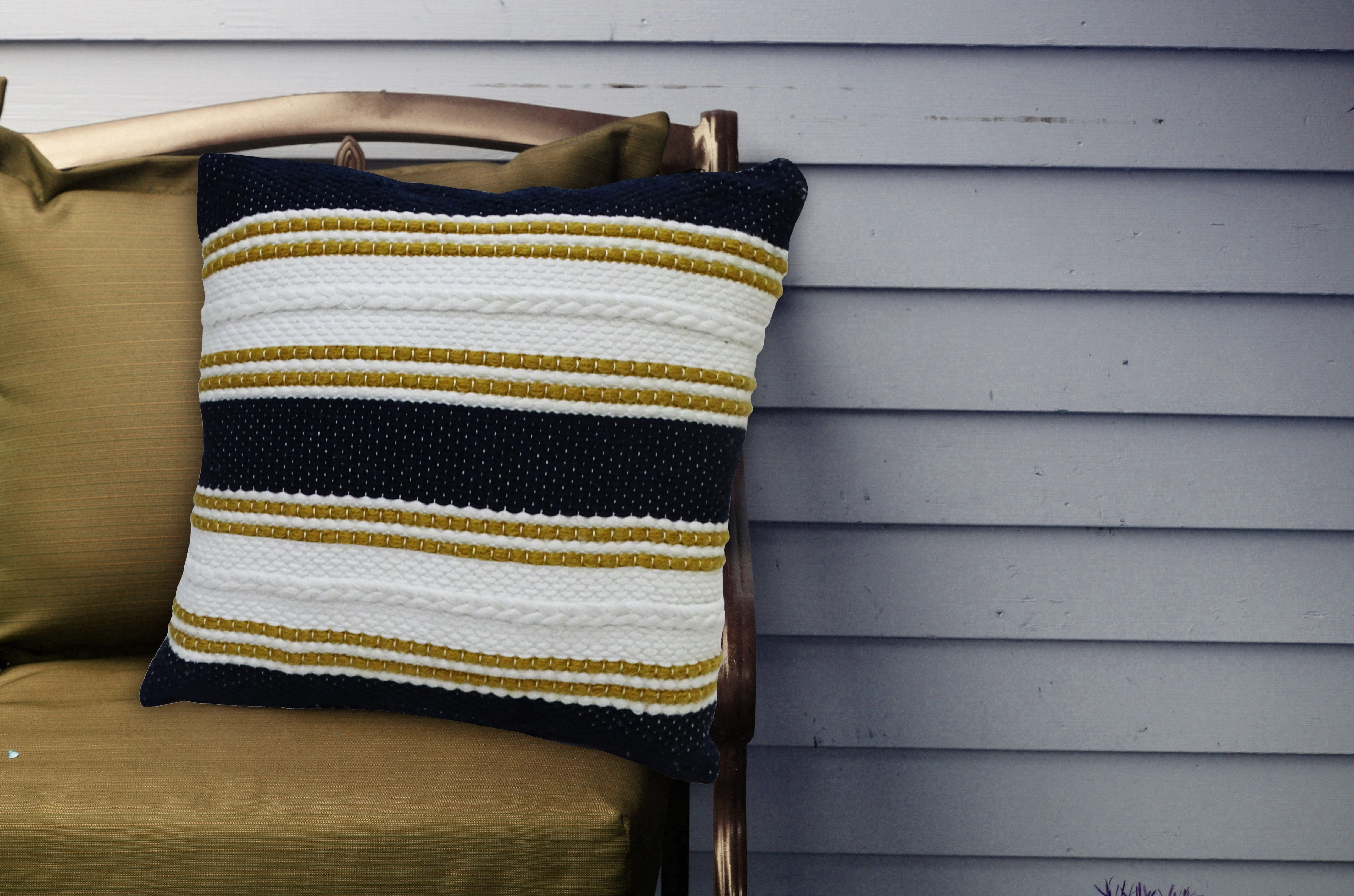 Navy and White Embroidered Square Indoor Outdoor Pillow
