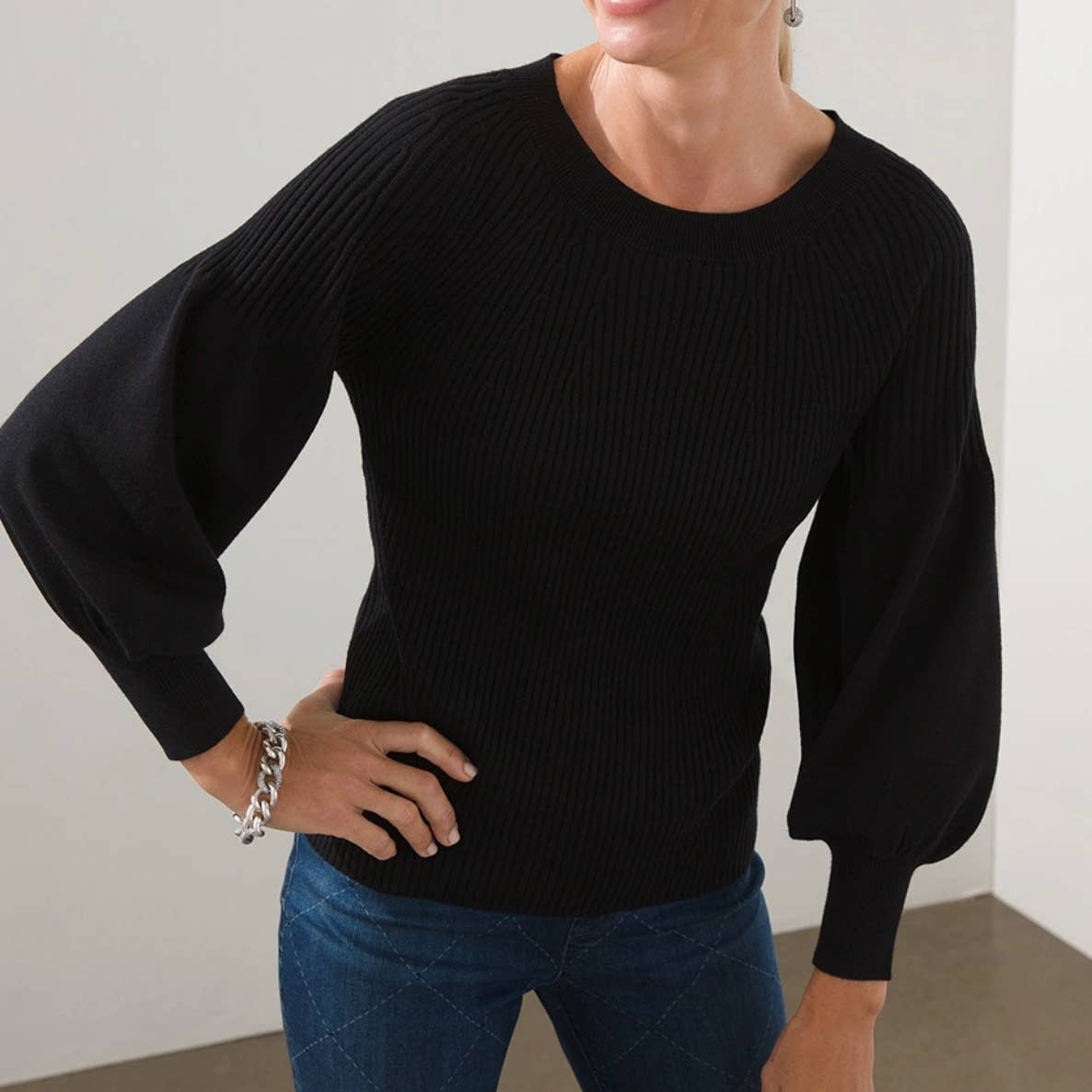 CHICO'S Chicos Rib Knit Blouse Sleeve Pullover, Size S