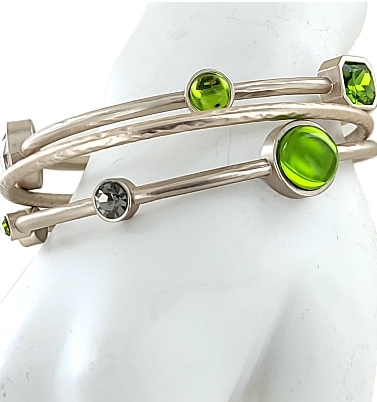 Chicos Set of Green Jeweled Silver Tone Bangle Bracelets Womens