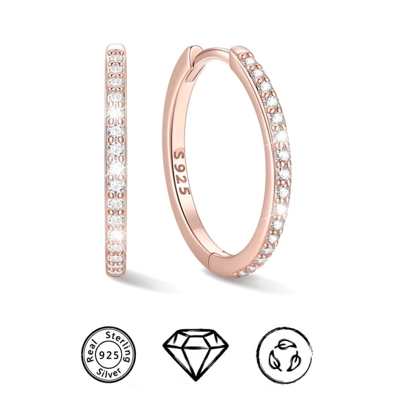 ChicSilver Rose Gold Plated Hoop Earrings Solid 925 Sterling Silver Earrings Hypoallergenic Women Jewelry Silver Huggie Hoops 16MM