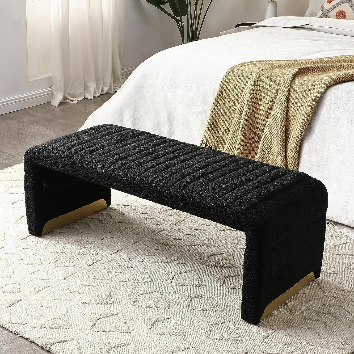 Chictail 47.2'' Ottoman Bench with Boucle Fabric,Arched Faux Fur Modern