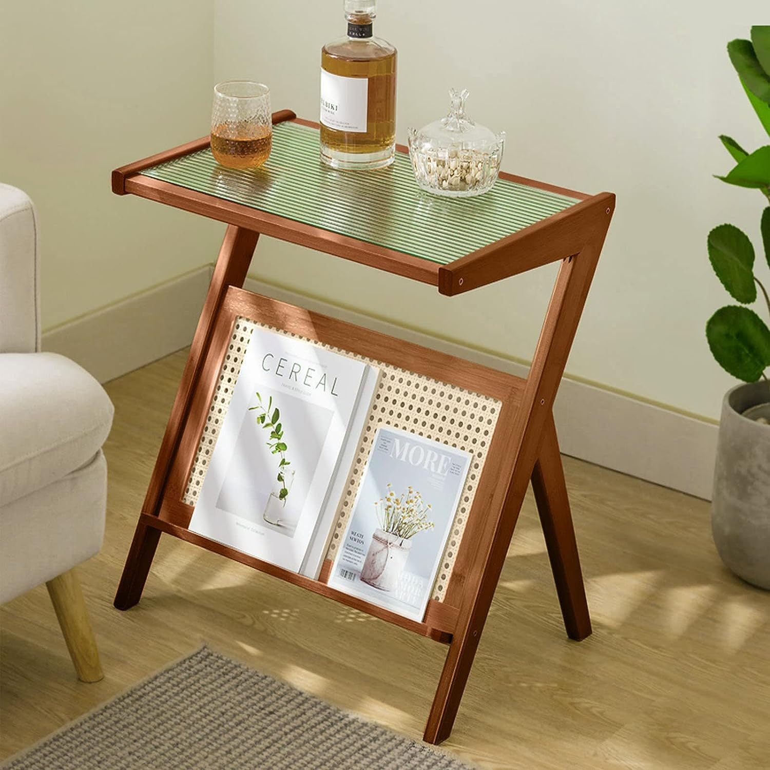 Chictail Bamboo End Table with Magazine Rack Glasstop Sofa Side Table